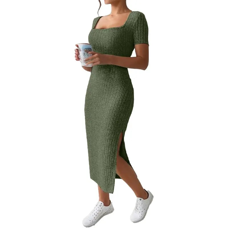 Square Neck Knitted Slit Dress Mid-Calf Sleeveless Hip-Hugging