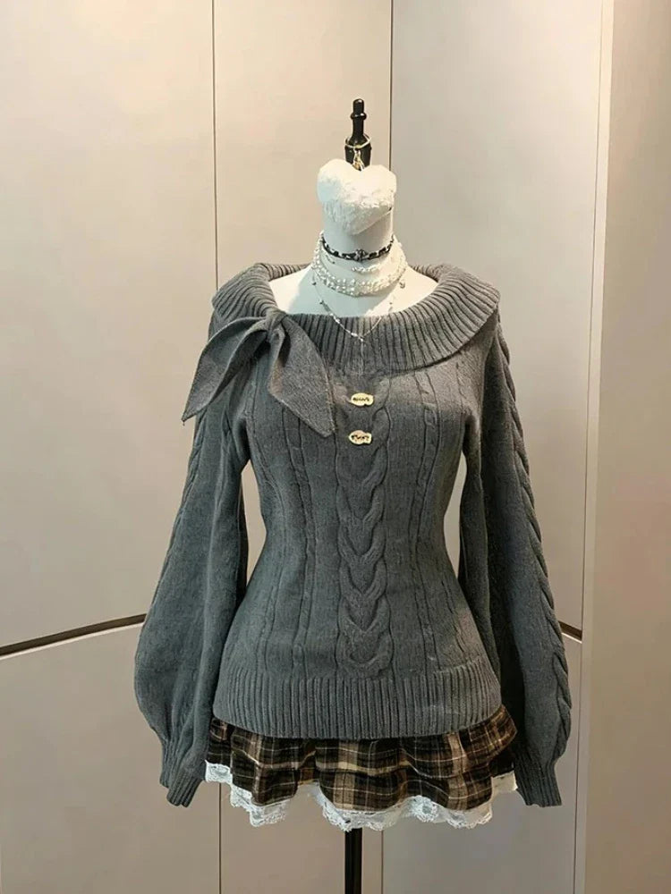 V-Neck Lace Knit Sweater Long Sleeve Loose Fit Pullover with Bow Detail