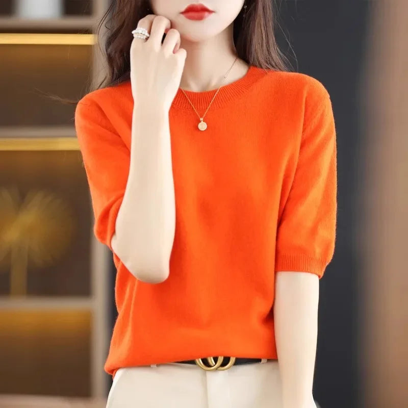 Round Neck Short Sleeve Knit Top Regular Fit Pullover