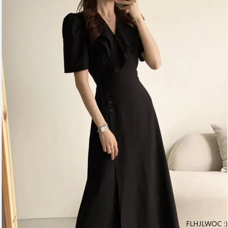 Women Retro Vintage Ruffles Midi Dress Japan Style Lace-Up V-Neck Short Sleeve Dress