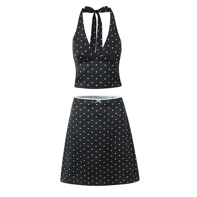 YENKYE 2025 Women Vintage Black White Polka Dot A-line Knee Length Skirt Sexy Low Waist Holiday Summer Skirts