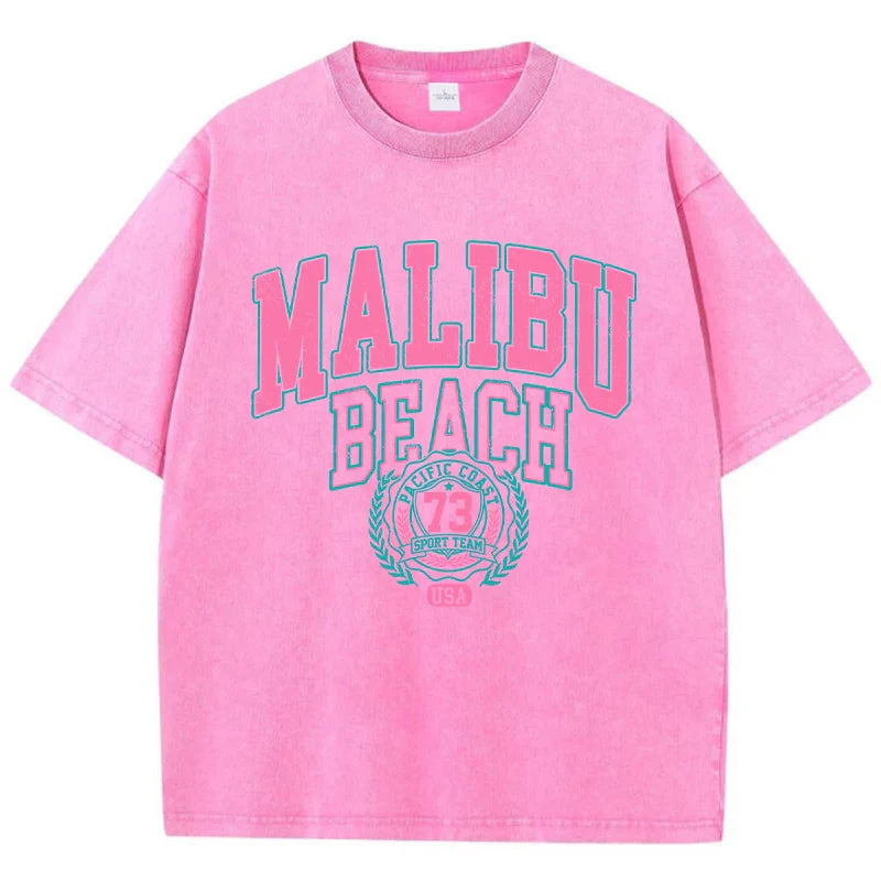Malibu Beach Letter Print Washed Oversized Tee