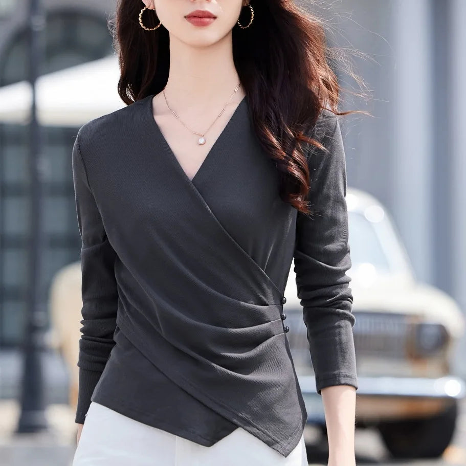 Women's Irregular V-Neck Long-Sleeve T-Shirt