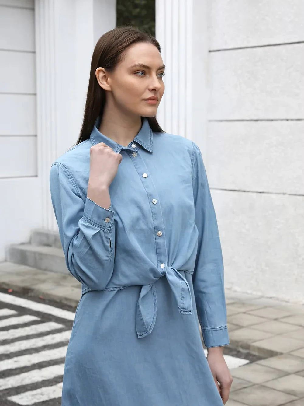 Women Lightweight Denim Wrap Blouse & Slip Dress Set