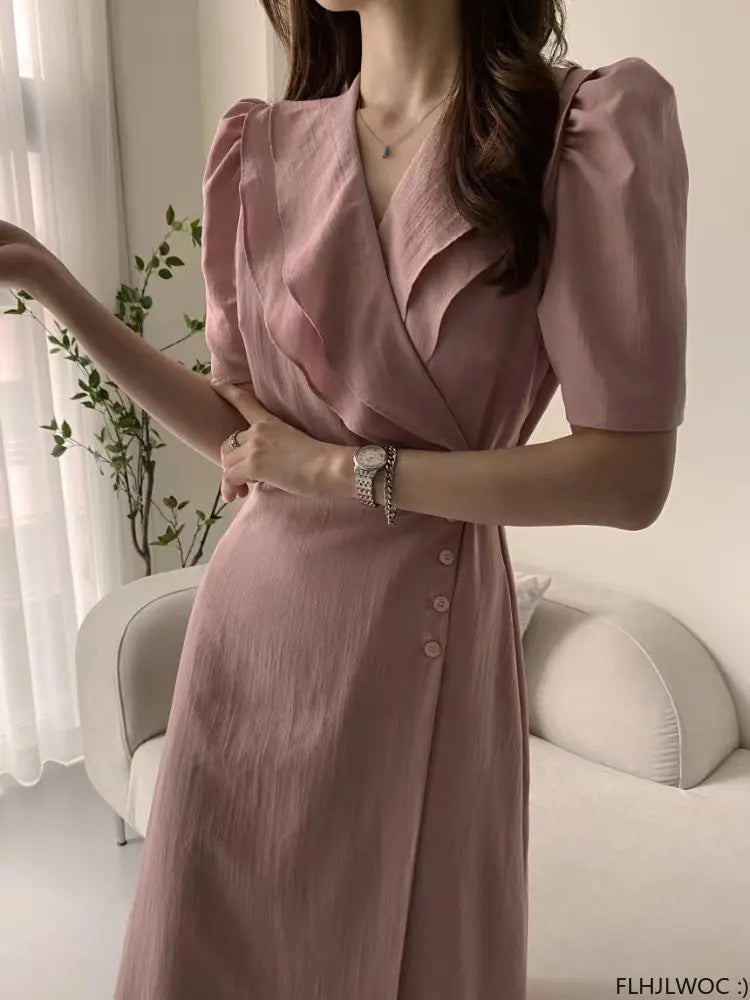 Women Retro Vintage Ruffles Midi Dress Japan Style Lace-Up V-Neck Short Sleeve Dress