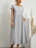 Cotton Linen Short Sleeve Shirred Loose Maxi Sundress