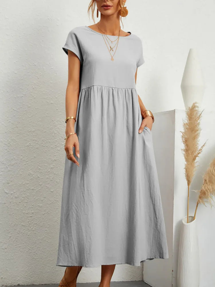 Cotton Linen Short Sleeve Shirred Loose Maxi Sundress