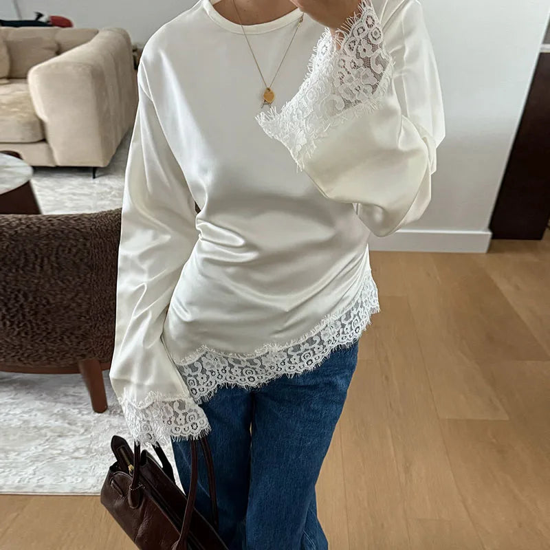 Women's O-Neck Lantern Sleeve Satin Lace Patchwork Loose Blouse
