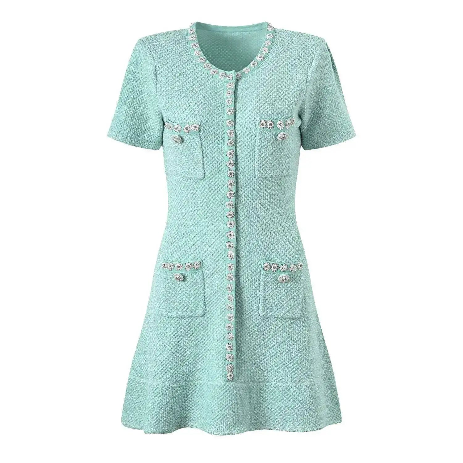 Luxury Designer Diamond Sequin Knitted Dress Women Ruffle Edge Beading Evening Party Dress