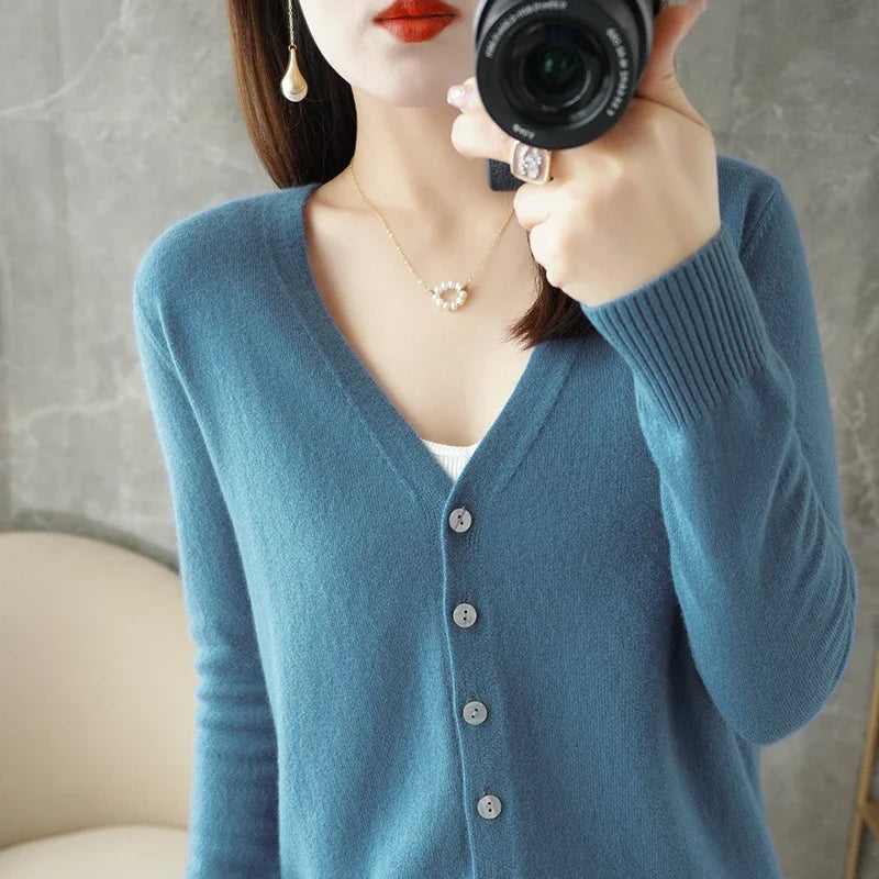Women's V-Neck Knitted Cardigan - Loose Fit Button-Up Sweater