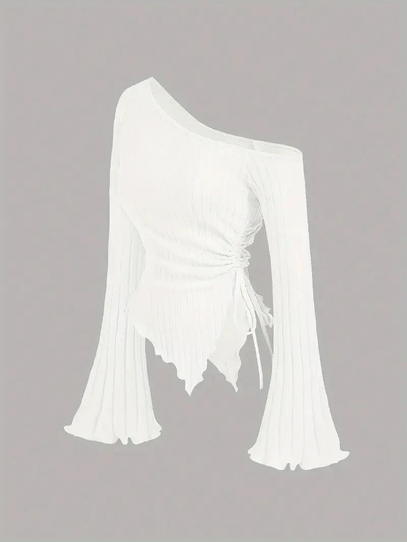 Off-Shoulder Trumpet Sleeve Top | Women's Slim Fit Asymmetric Elegant Tee