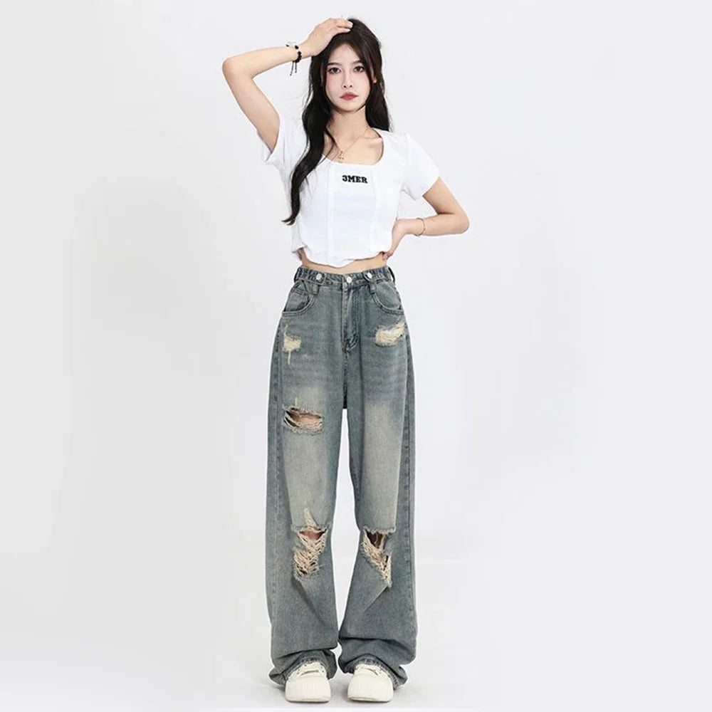 High Waist Distressed Wide Leg Jeans Ripped Loose Fit Retro