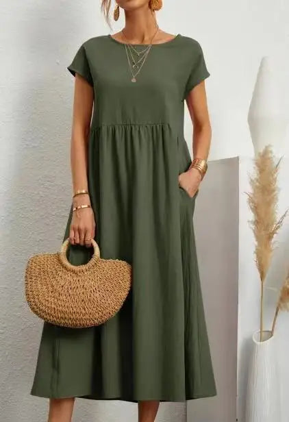 Cotton Linen Short Sleeve Shirred Loose Maxi Sundress