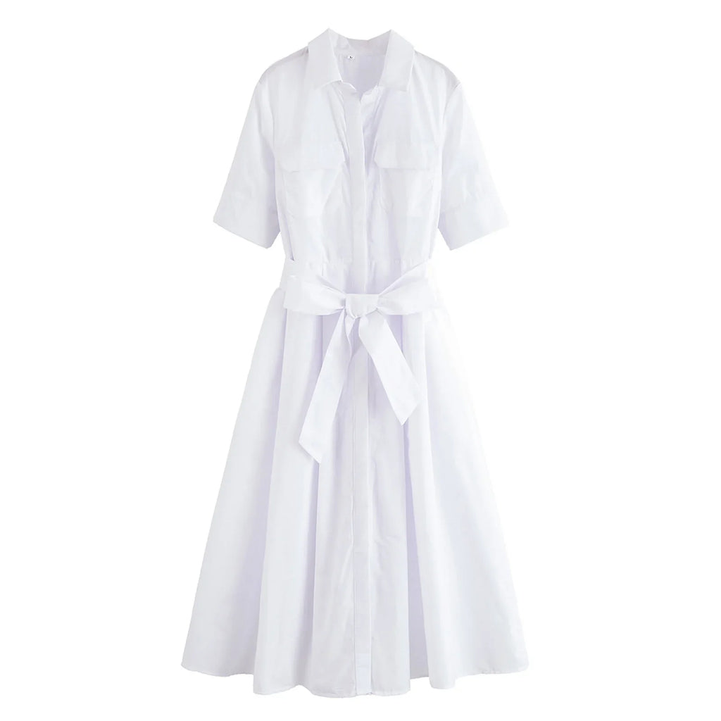Women's Lapel Shirt Midi Dress with Belt