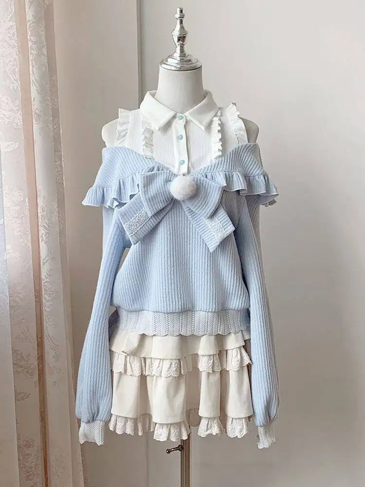 V-Neck Lace Knit Sweater Long Sleeve Loose Fit Pullover with Bow Detail