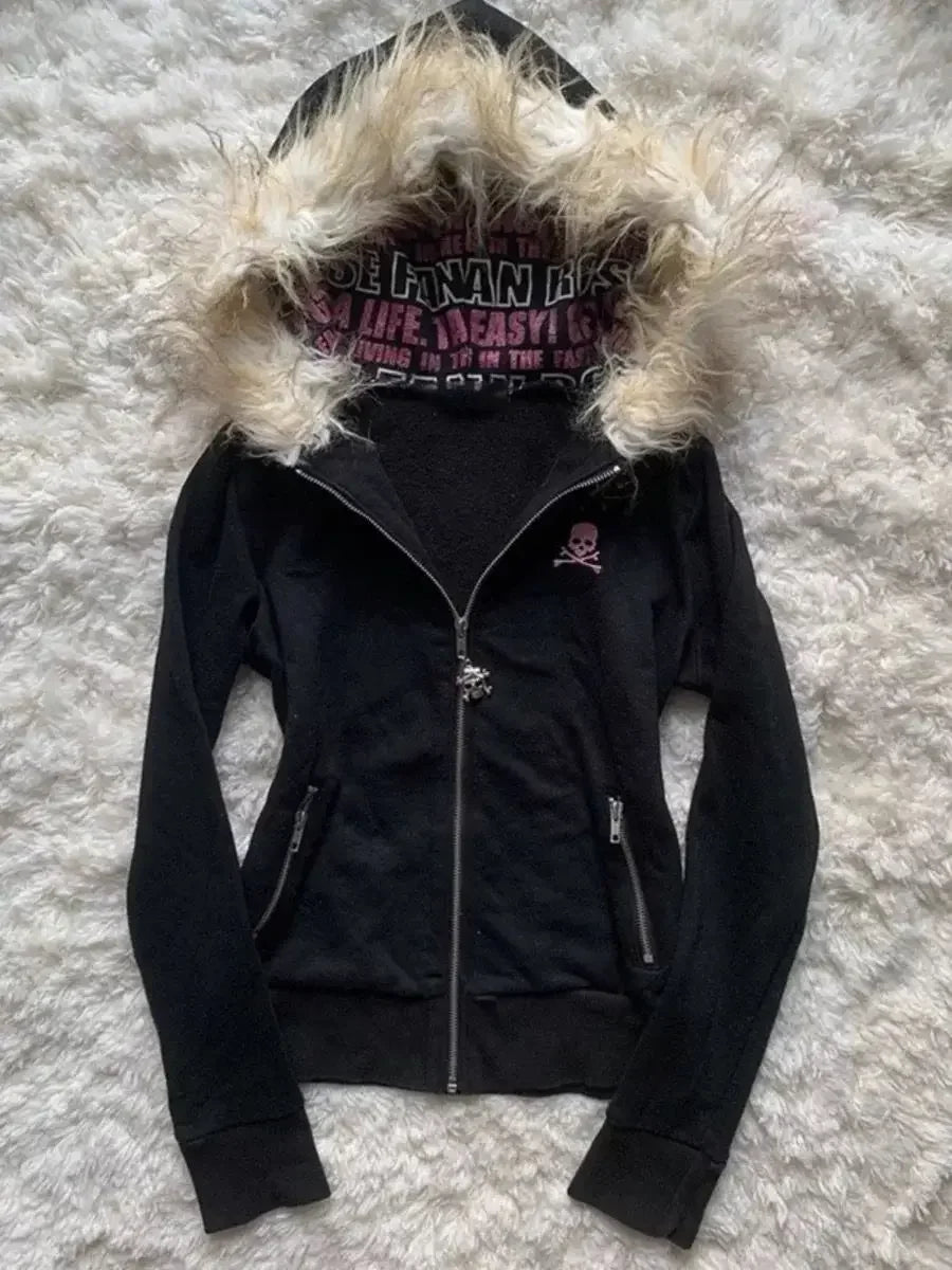 Fur Collar Zipper Hooded Sweatshirt Graphic Print Regular Fit