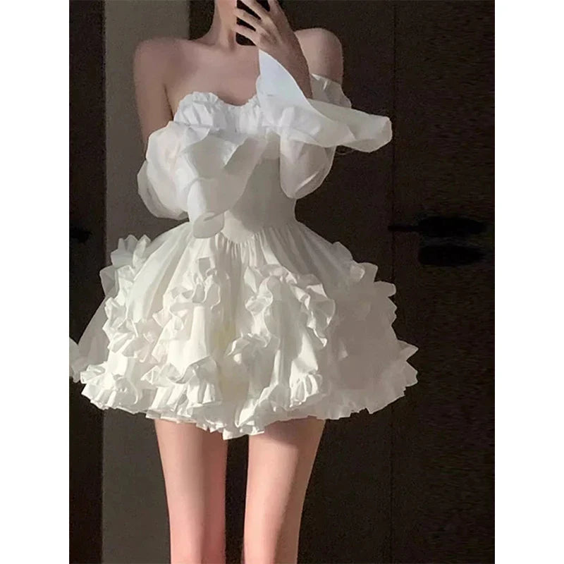 Elegant White Mini Dress Strapless Ruffles Backless Party Prom Dress