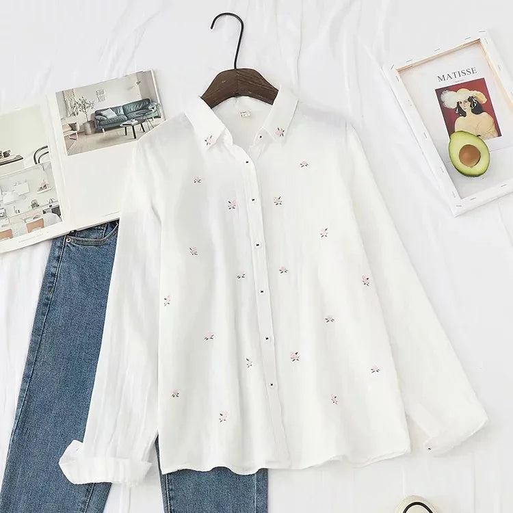 Women's Embroidered Cotton Shirt - Long Sleeve Floral Blouse