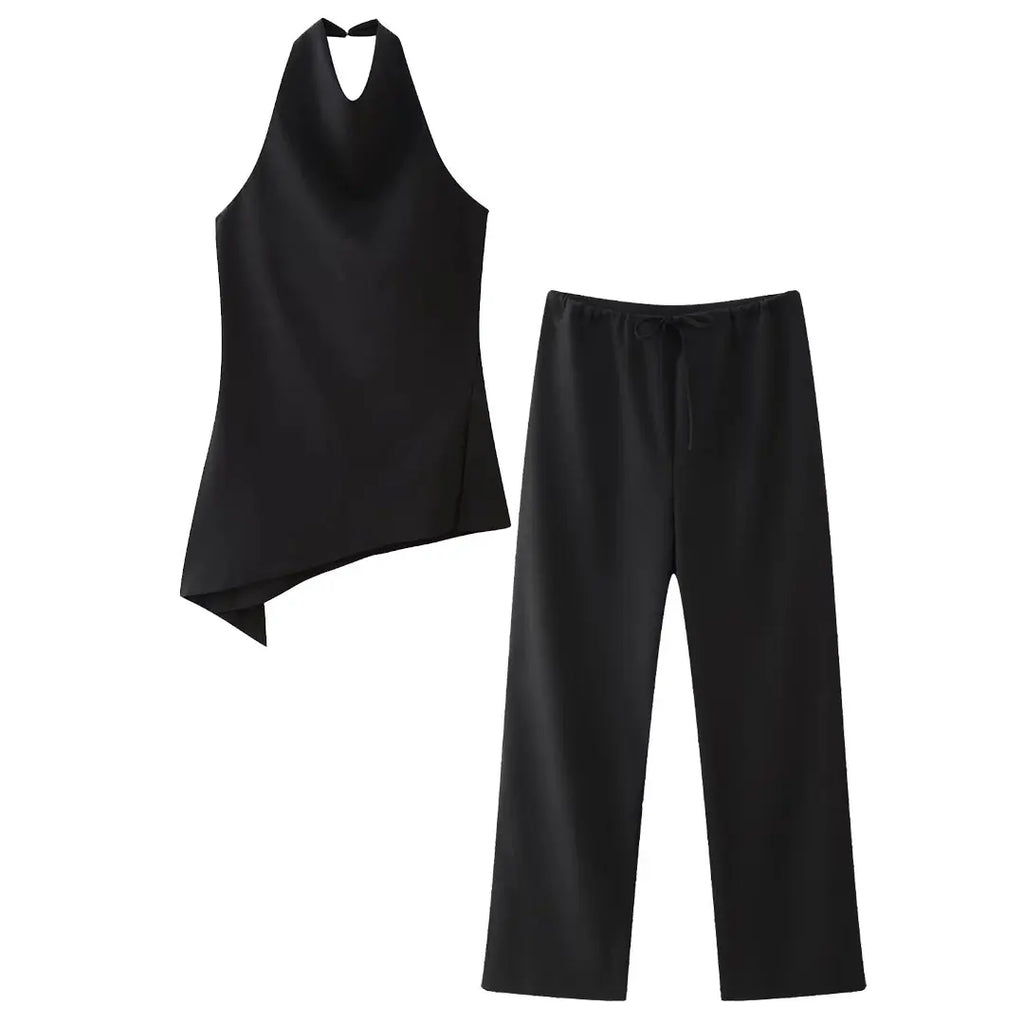 Backless Halter Top & Wide-Leg Pants Set