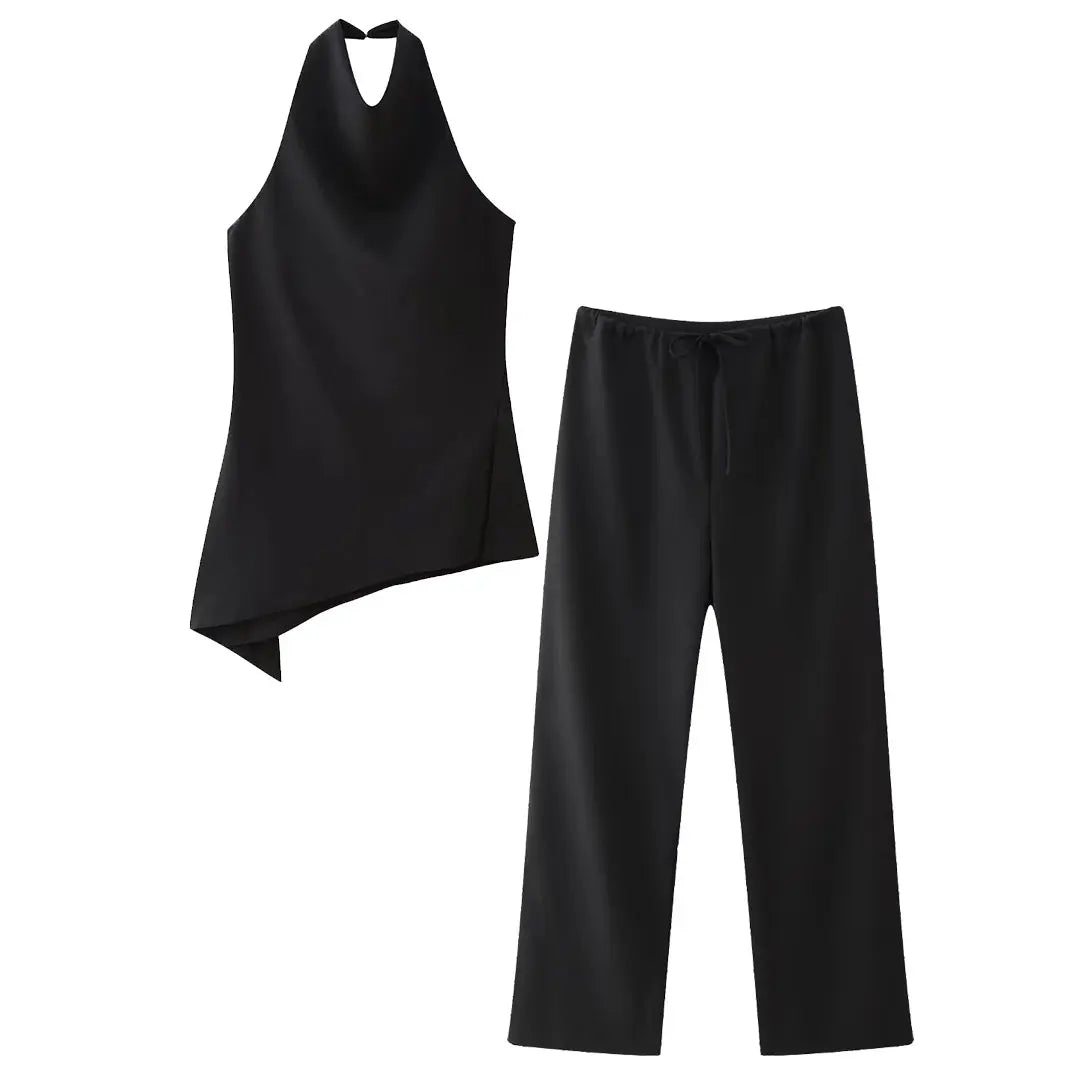 Backless Halter Top & Wide-Leg Pants Set