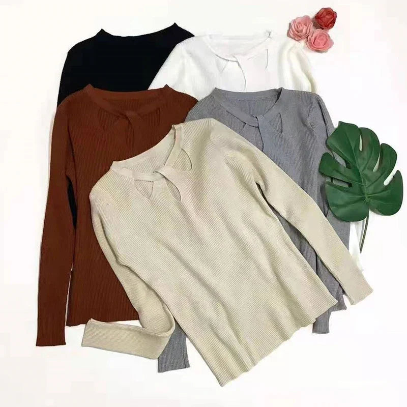 Round Neck Cut-Out Knit Sweater Long Sleeve Slim Fit Pullover