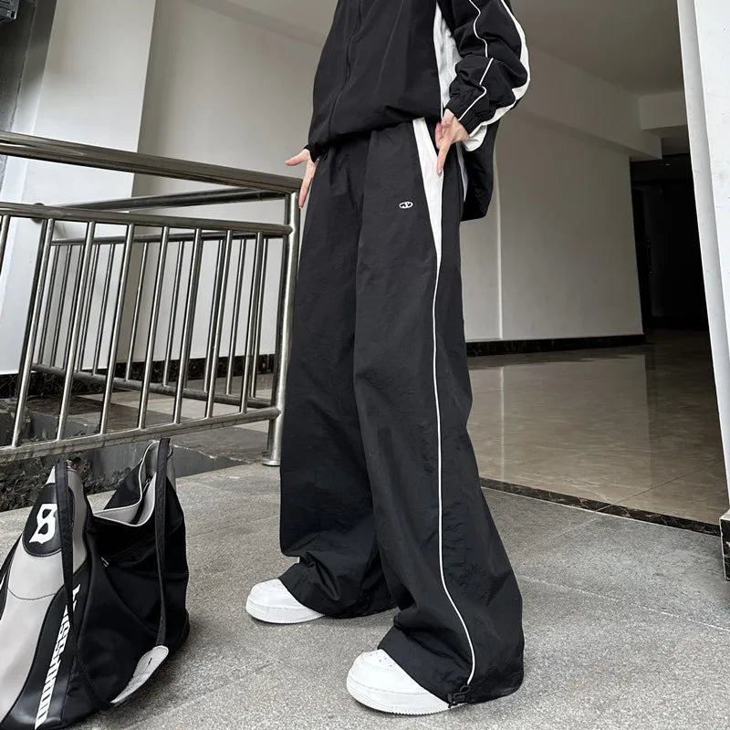 High Waist Wide Leg Patchwork Pants Loose Fit Elastic Waist Pockets