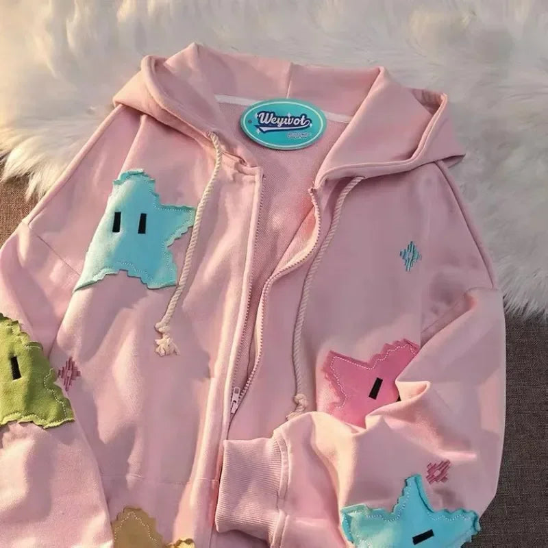 Y2K Oversized Embroidered Zip-Up Hoodie