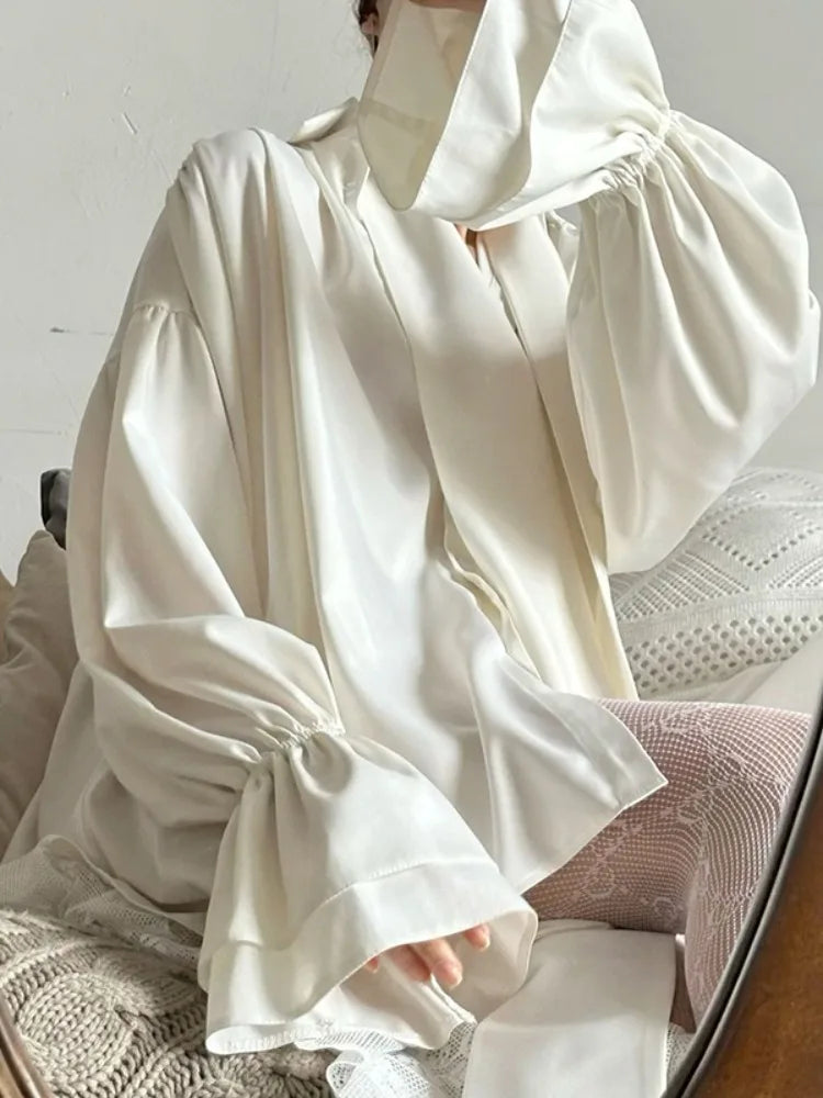 Women's Satin Blouse with Puff Sleeves - Elegant Office Top