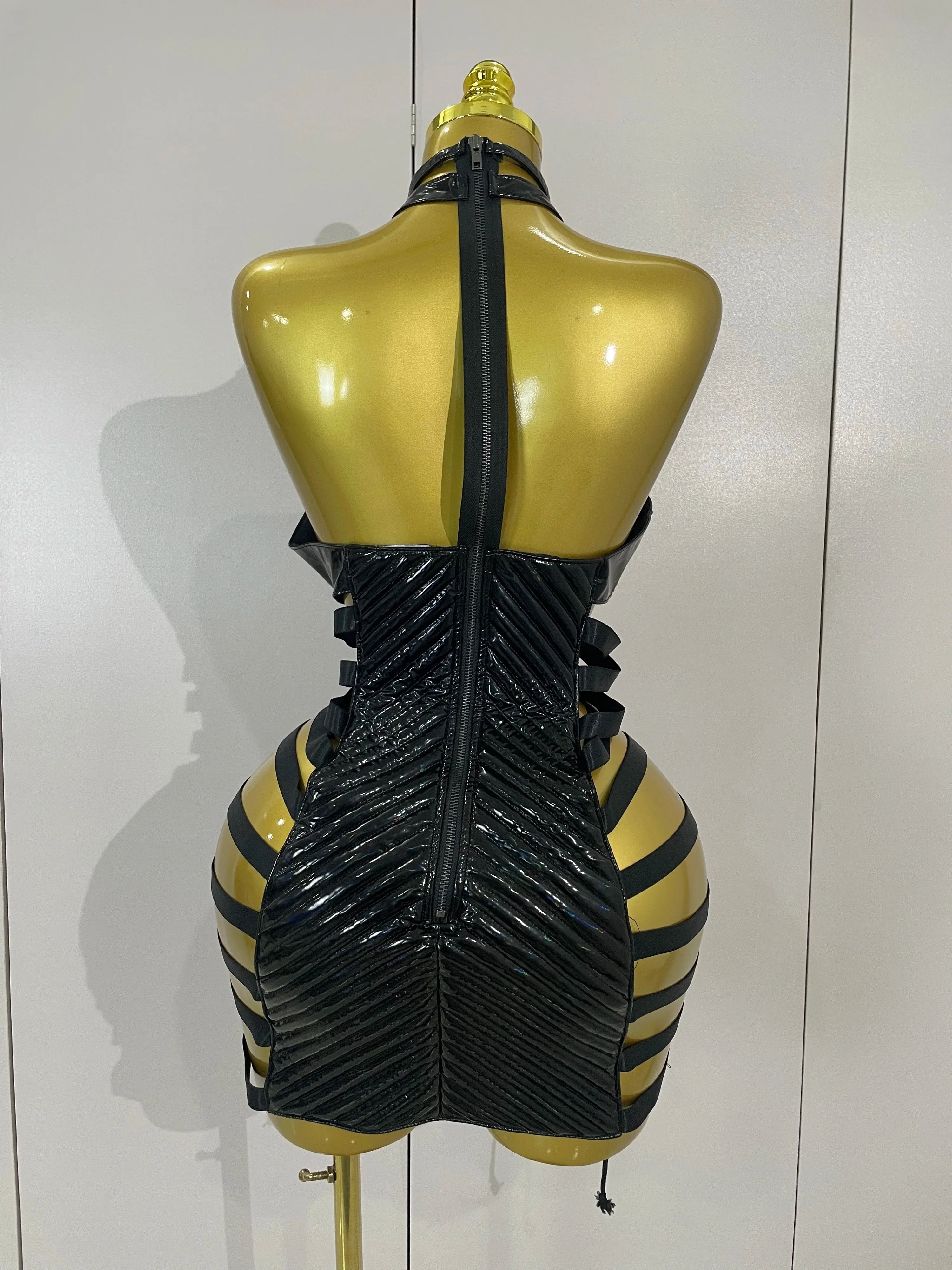 Women's Gothic Leather Bandage Halter Dress