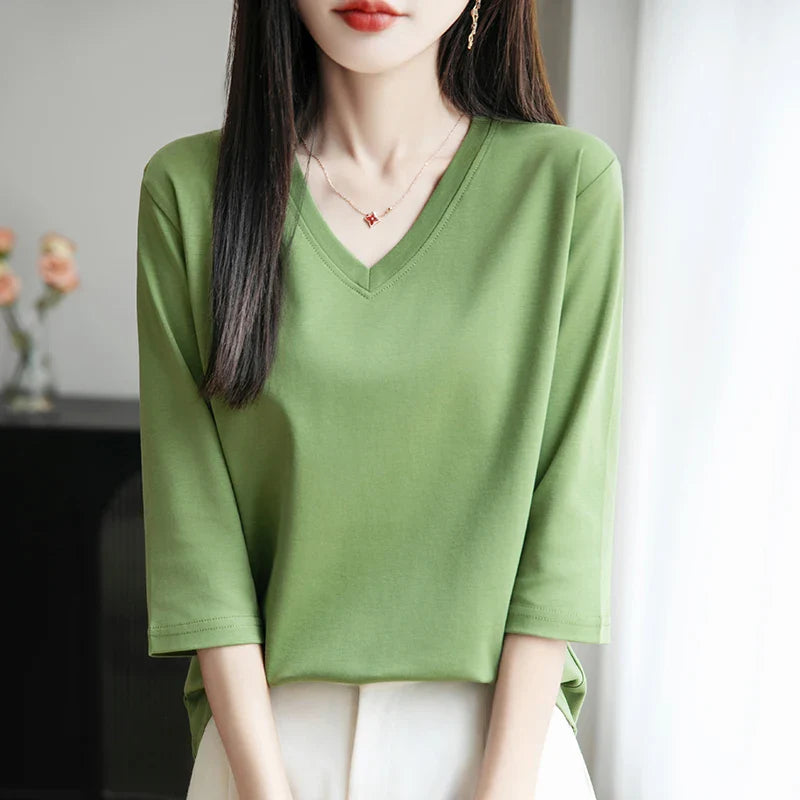 Women's Cotton V-Neck Cropped Sleeve T-Shirt