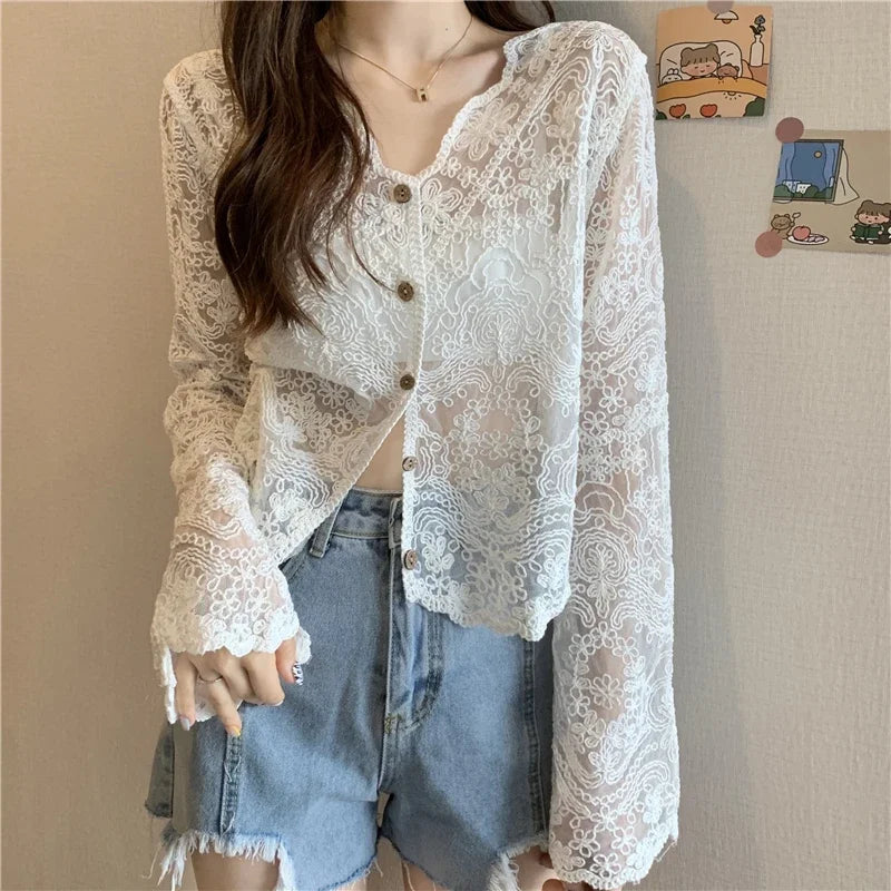 Women's V-Neck Long Sleeve Hollow-Out Lace Loose Blouse