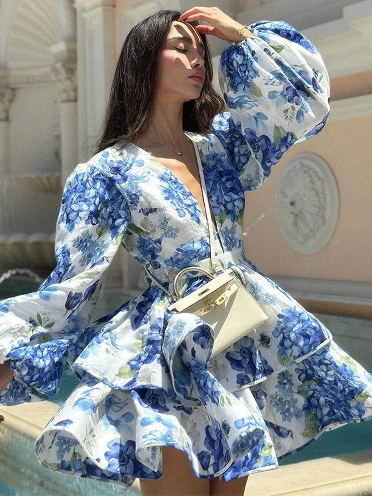 Printed Ruffled Hem Deep V-Neck Dress Long Lantern Sleeve Elegant Vacation Party Dress
