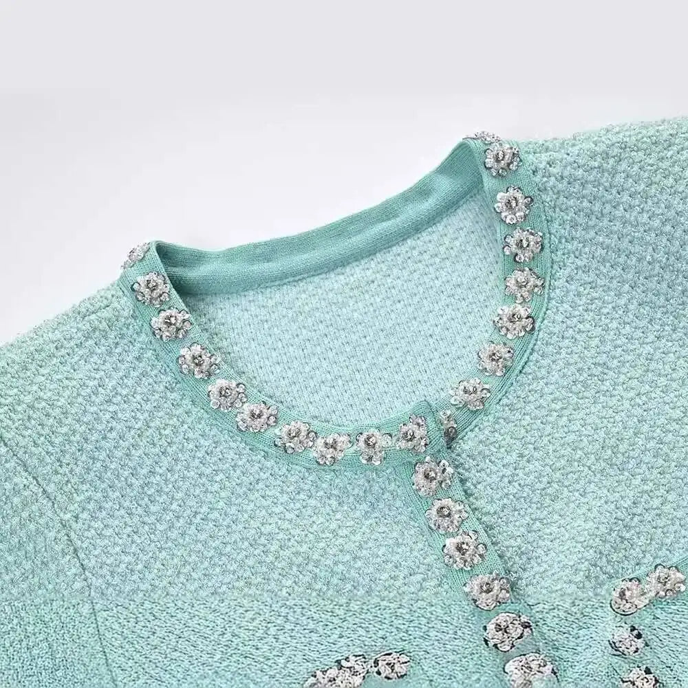 Luxury Designer Diamond Sequin Knitted Dress Women Ruffle Edge Beading Evening Party Dress
