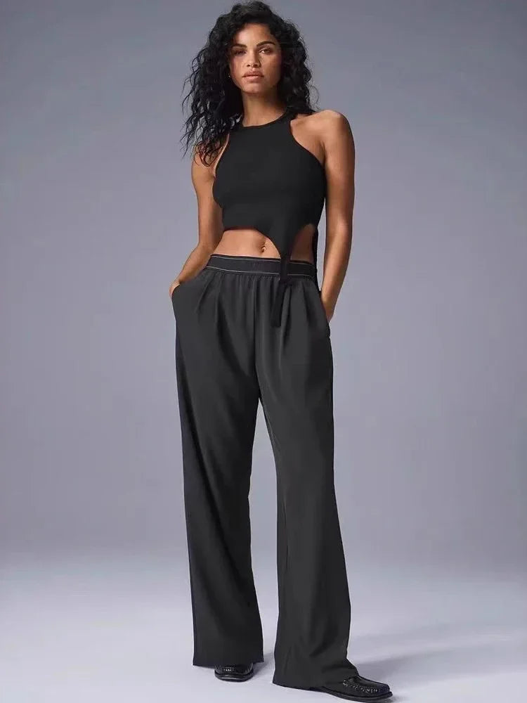 Women Casual Yoga Pants Quick Dry Straight Leg Lightweight Summer Trousers with Reflective Logo Soft Comfortable Activewear