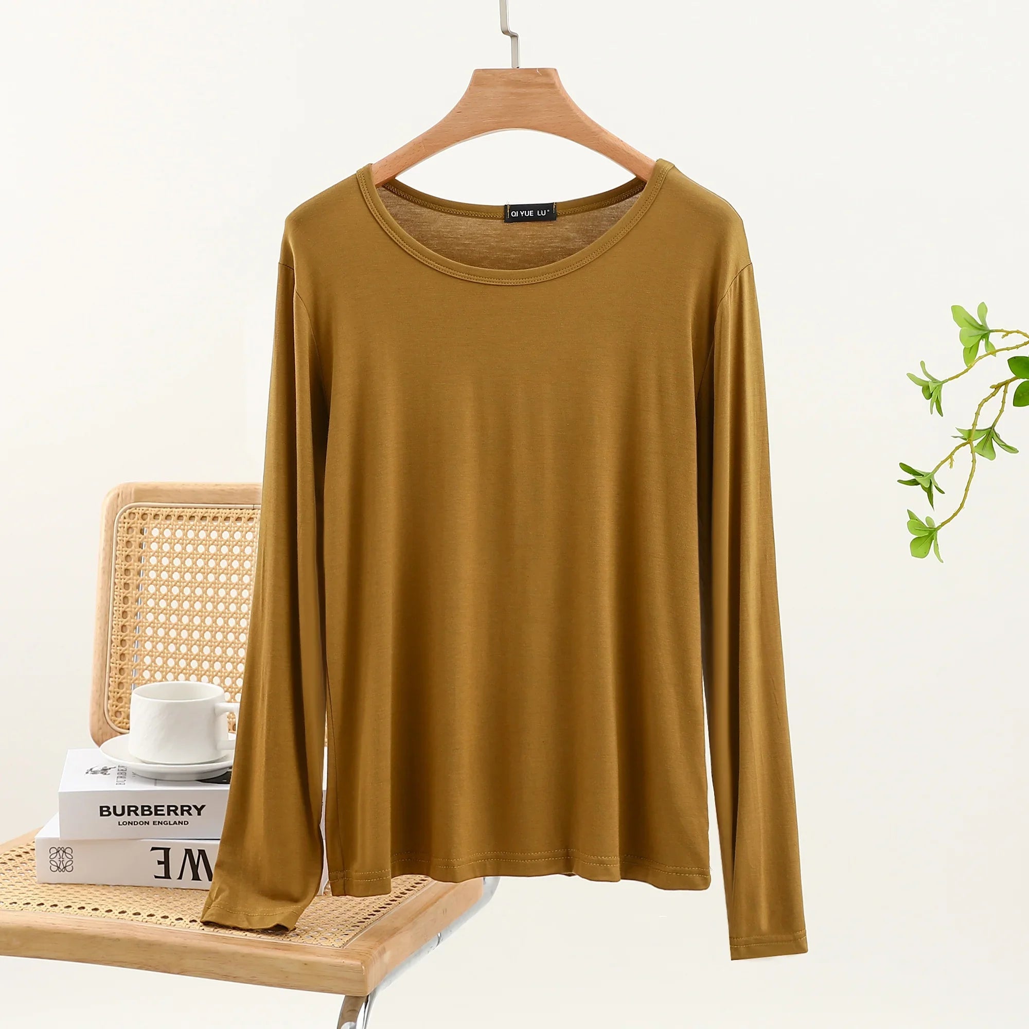 Casual Modal Long Sleeve T-Shirt Women's Spring Thin Round Neck Base Shirt Loose Fit Plus Size Slim Pure Color Top