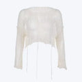 Round Neck Hollow-Out Ripped Cropped Knit Top Long Sleeve Loose Fit