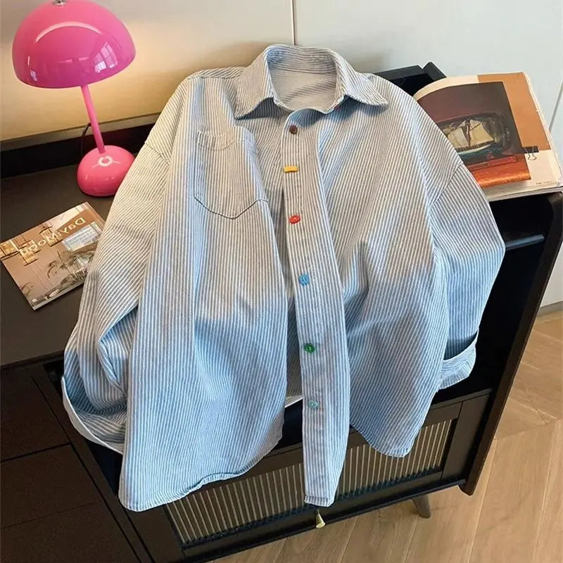 Long Lantern Sleeve Turn-Down Collar Button Striped Open Stitch Regular Fit Shirt