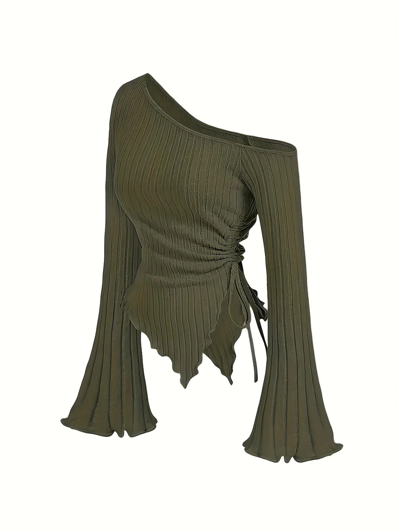 Off-Shoulder Trumpet Sleeve Top | Women's Slim Fit Asymmetric Elegant Tee