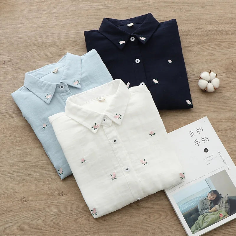 Women's Embroidered Cotton Shirt - Long Sleeve Floral Blouse