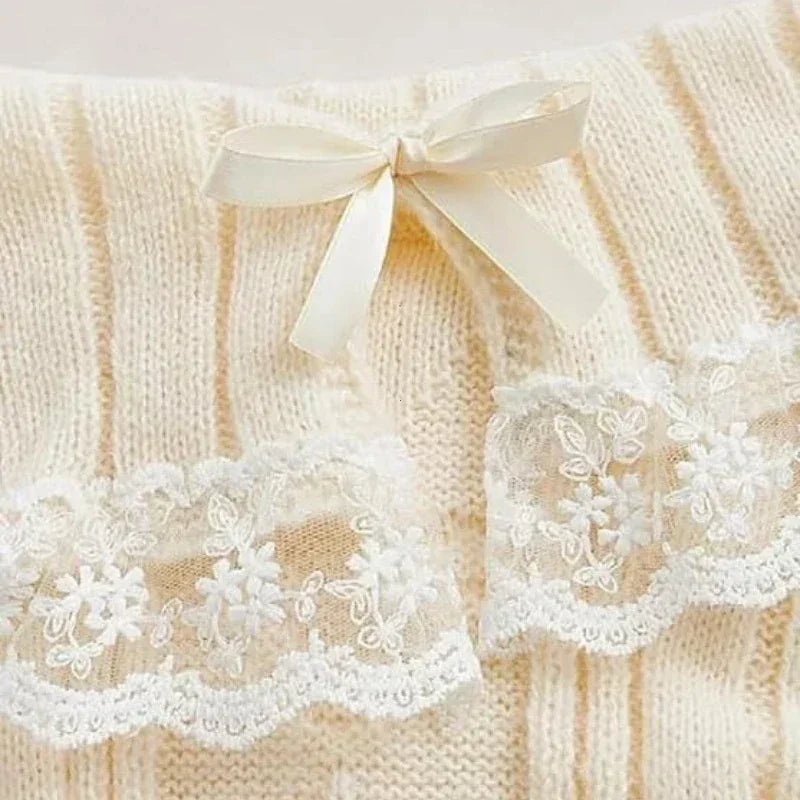 Women Off Shoulder Knit Sweater Pink Pullover Sweet Pullovers Long Sleeve Bow Lace Patchwork Jumpers Y2k Streetwear