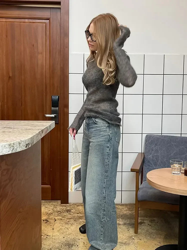 Round Neck Hollow-Out Knit Sweater Long Sleeve Loose Fit
