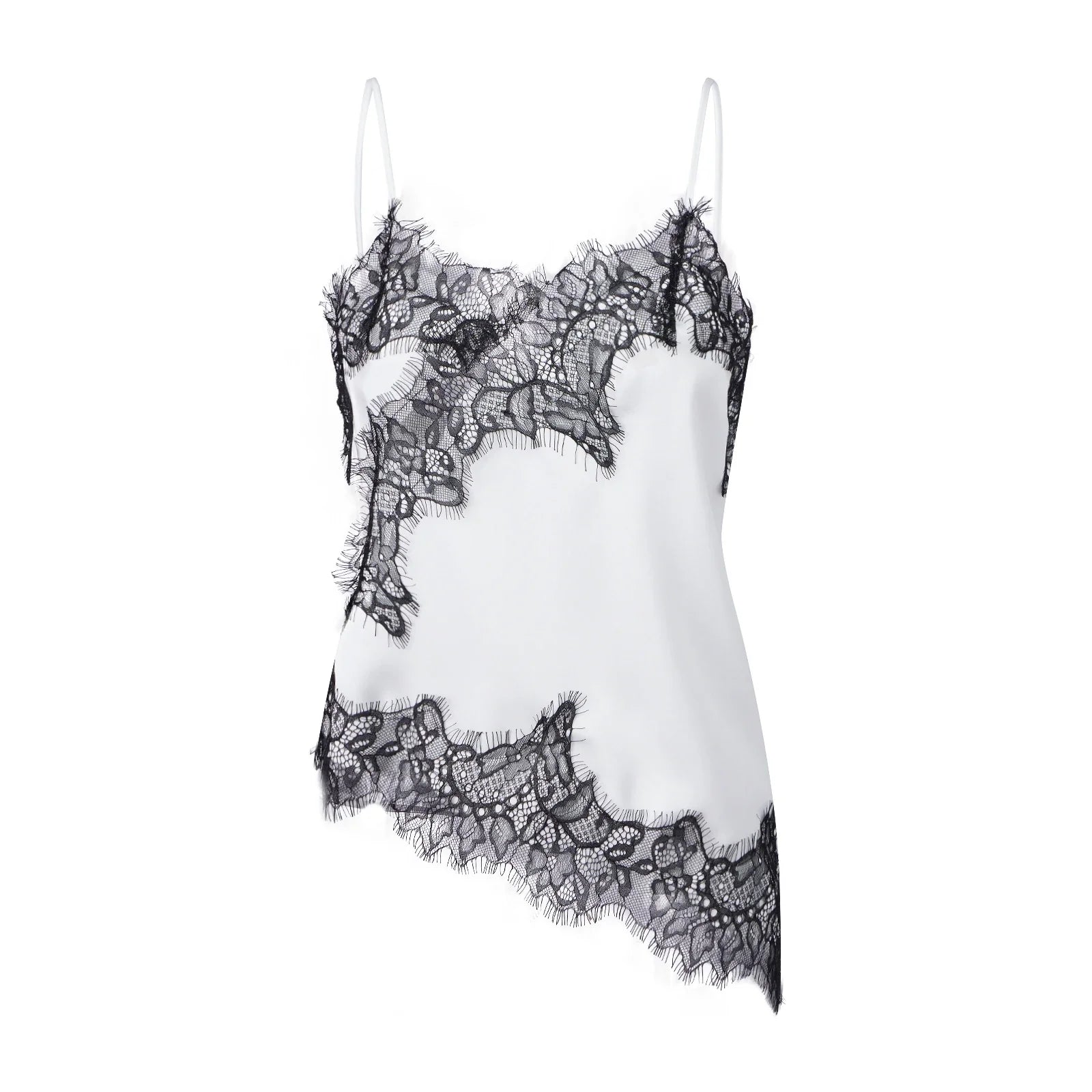 Combhasaki Women Floral Lace Trim Satin High Low Vest Silk Spaghetti Strap Side Split Asymmetrical Cami Flowy Silky Layering Top