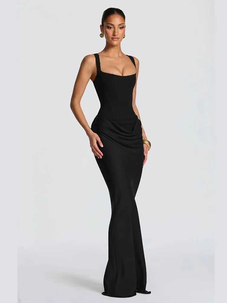 BROWN Pleated Sling MAXI Dress Women Square Neck Sleeveless Off-shoulder Waist Cinching Slim ROBE Fashion Evening Party Gowns