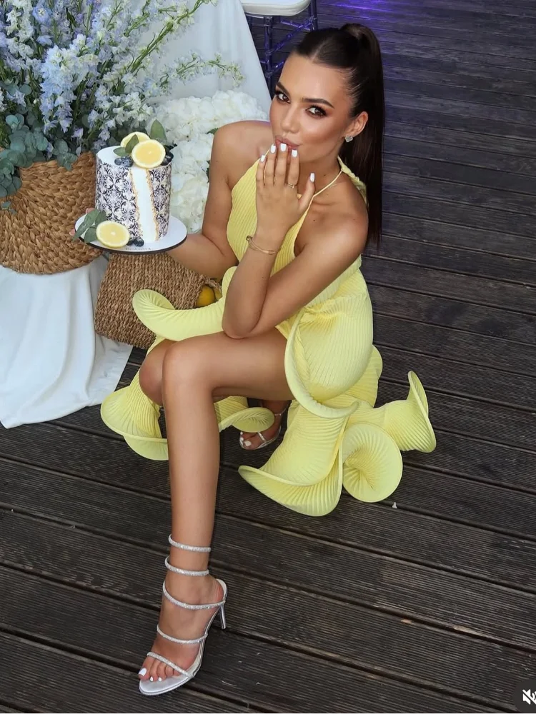 Elegant Irregular Ruffle Halter Dress Women Sleeveless Off-Shoulder Lace-Up Midi Gown Evening Party Dress