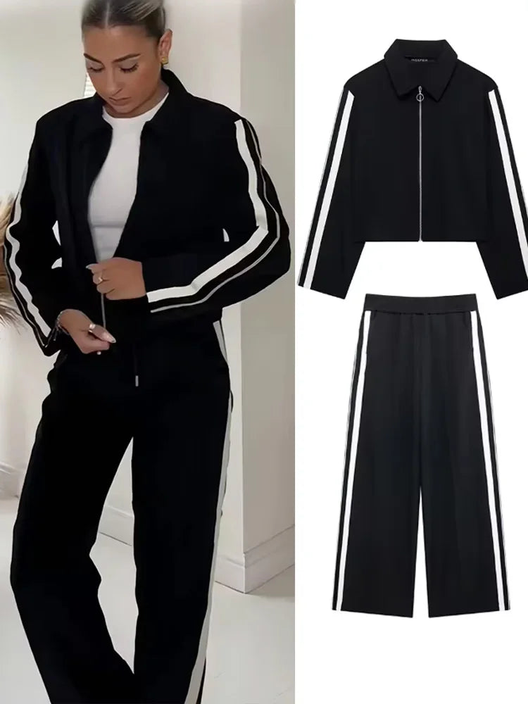 Patchwork Zip-Up Jacket & Wide Leg Pants Set