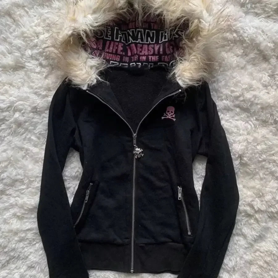 Fur Collar Zipper Hooded Sweatshirt Graphic Print Regular Fit