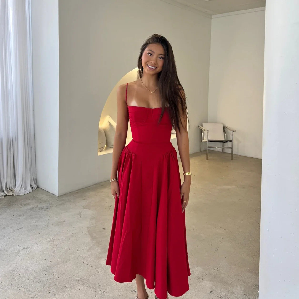 Spaghetti Strap Summer Party Midi Dress Fit and Flare Elegant Night Date Dress