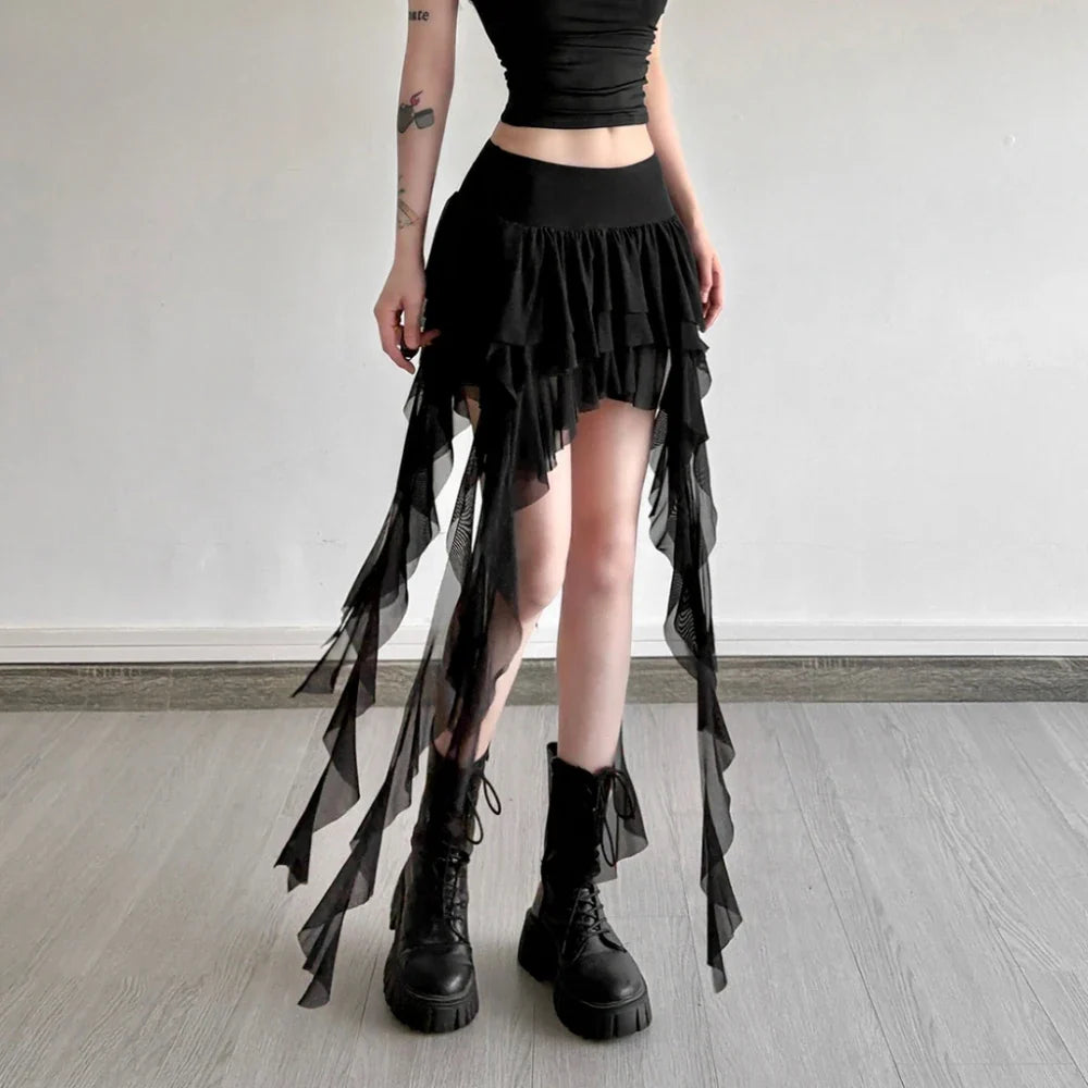 SylCue Ruched Elegant Mini Skirts Women Y2K Sweet Style Elastic Waist Ruffles Tassel Street Fashion Trend Solid Classic Outfits