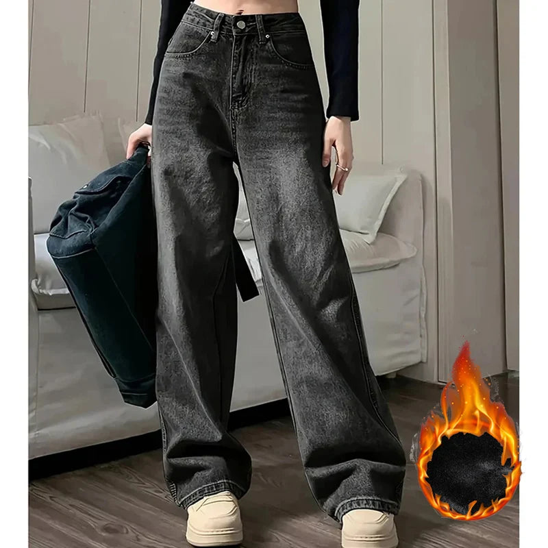 Women's Fleece-Lined High-Waist Straight Jeans