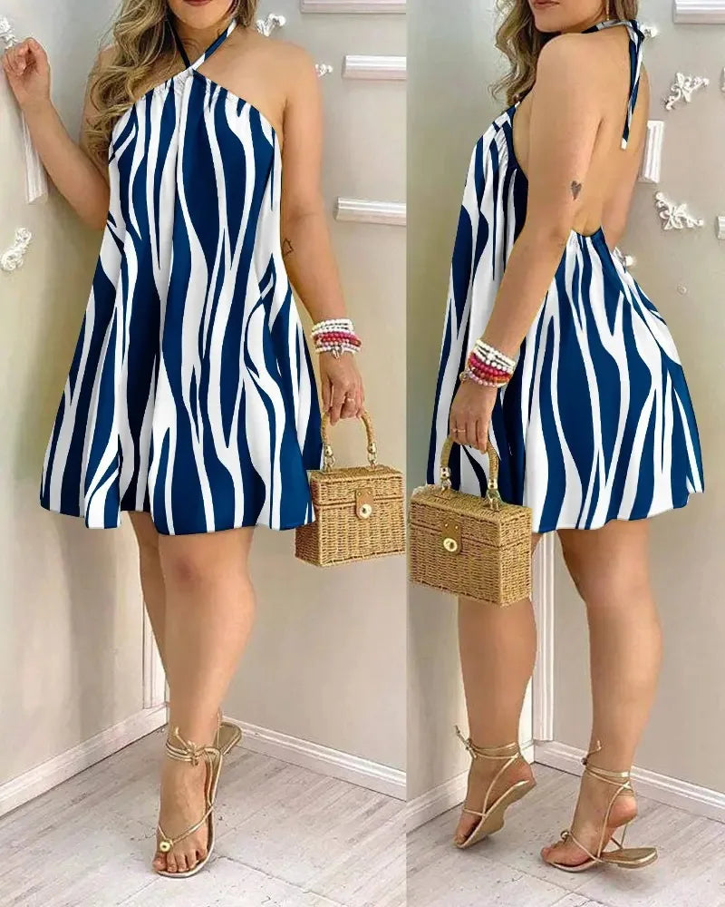 Tropical Print Halter Neck Backless Mini Dress